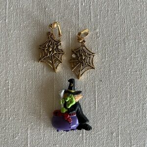 Gold Spider Web Earrings and Witch Brooch Bundle